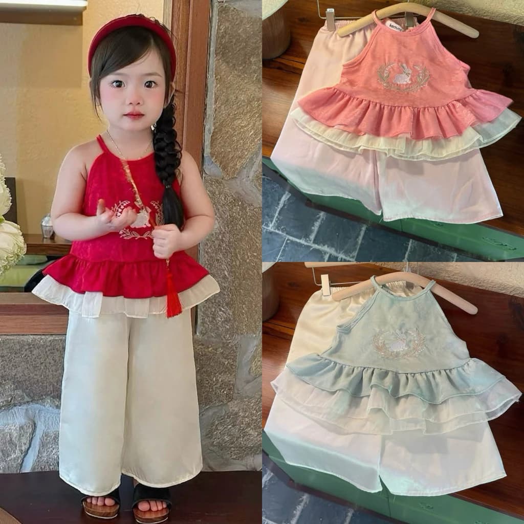 Yếm trung thu cho bé gái 3 màu sz 8-30kg, set yếm cho bé gái 2 tầng hoạ tiết thỏ ngọc