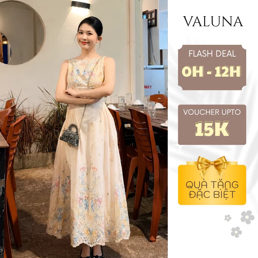 Váy maxi hoa thêu sát nách dáng xòe cao cấp nữ tính dự tiệc du lịch thanh lịch VALUNA STORE 2708