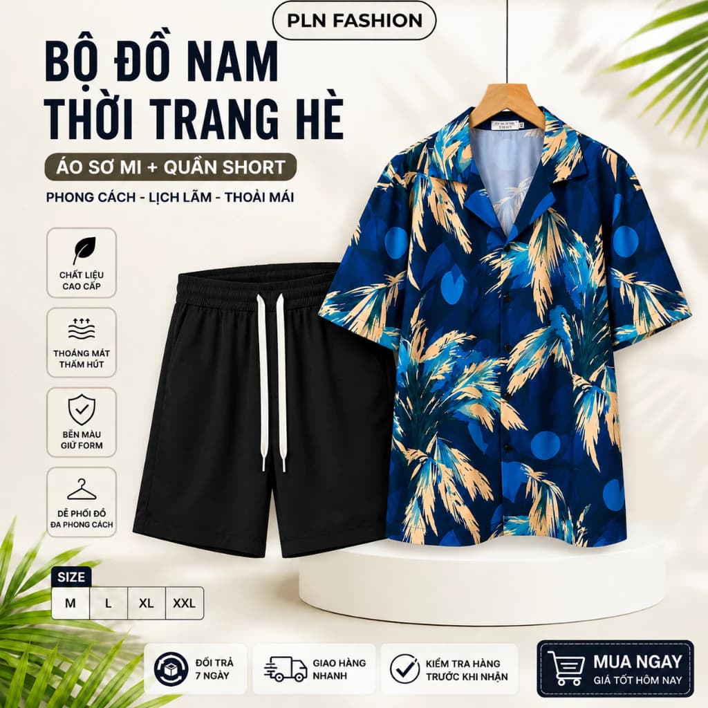 bộ quần áo hè cộc tay chất vải lụa họa tiết cao cấp, bộ áo sơ mi hè dáng suông siêu thoáng mát N95