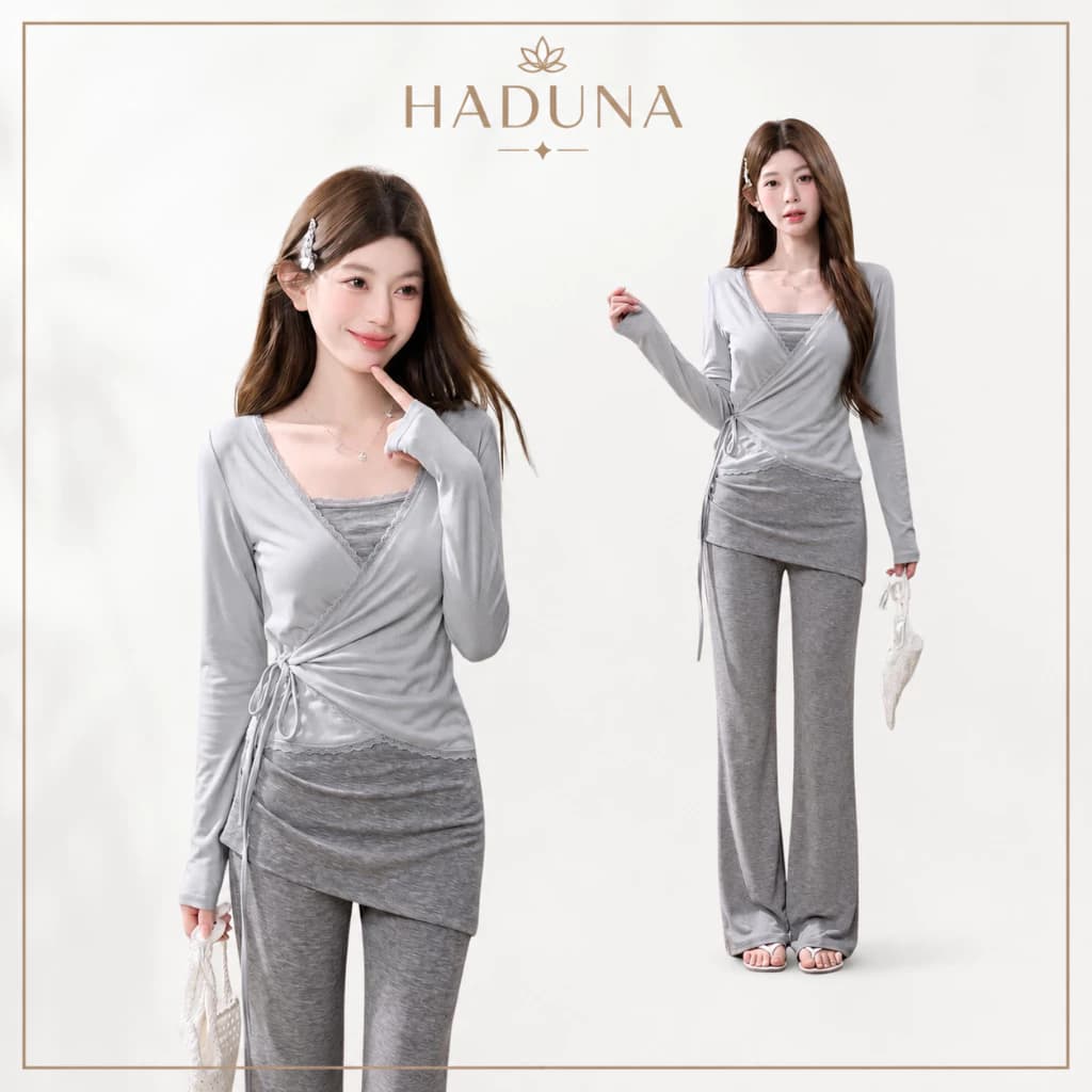 Set Bộ Nữ Cardigan Tay Dài Buộc Eo Kèm Quần Suông Tôn Dáng SB035