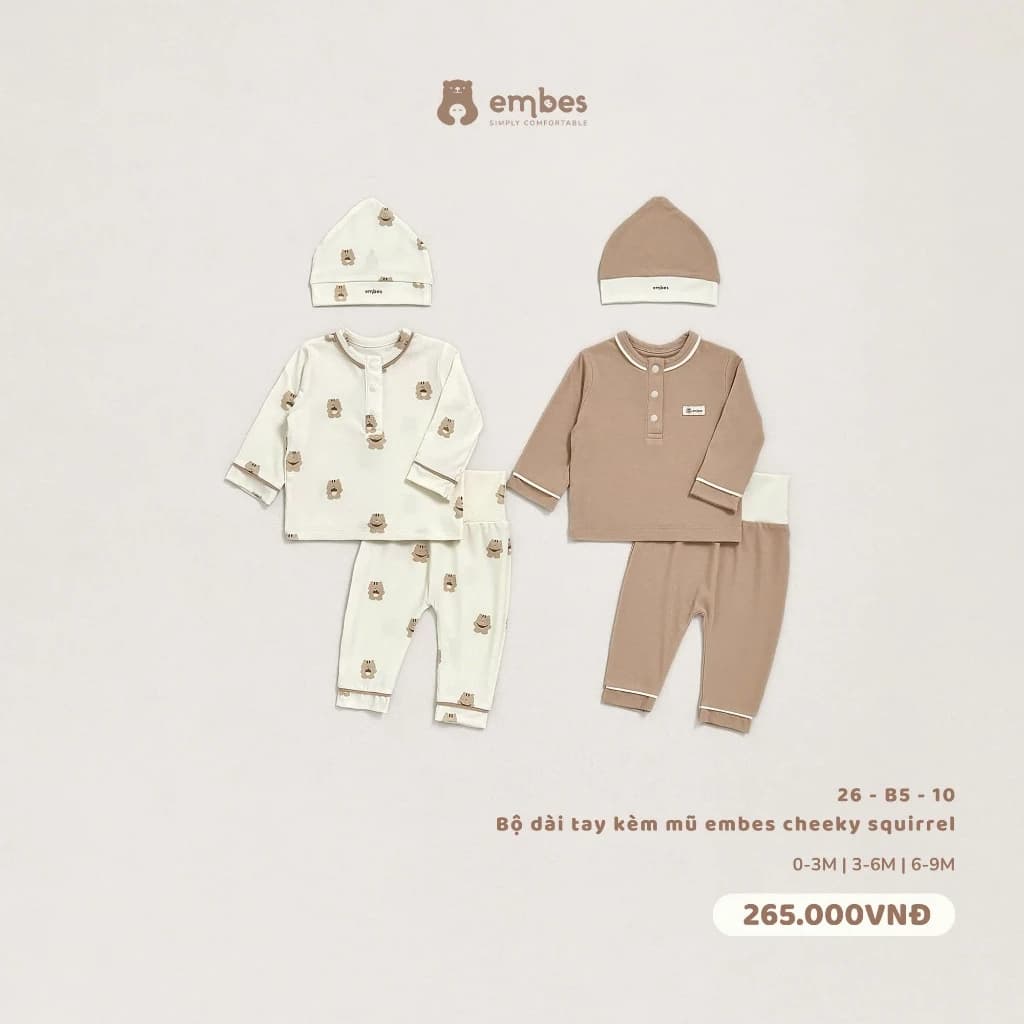 Bộ Sơ Sinh Embes, Bộ Dài Tay Kèm Mũ Thiết Kế Cạp Cao Chất Viscose Mềm Mại Cho Bé Sơ Sinh Từ 0-9Tháng