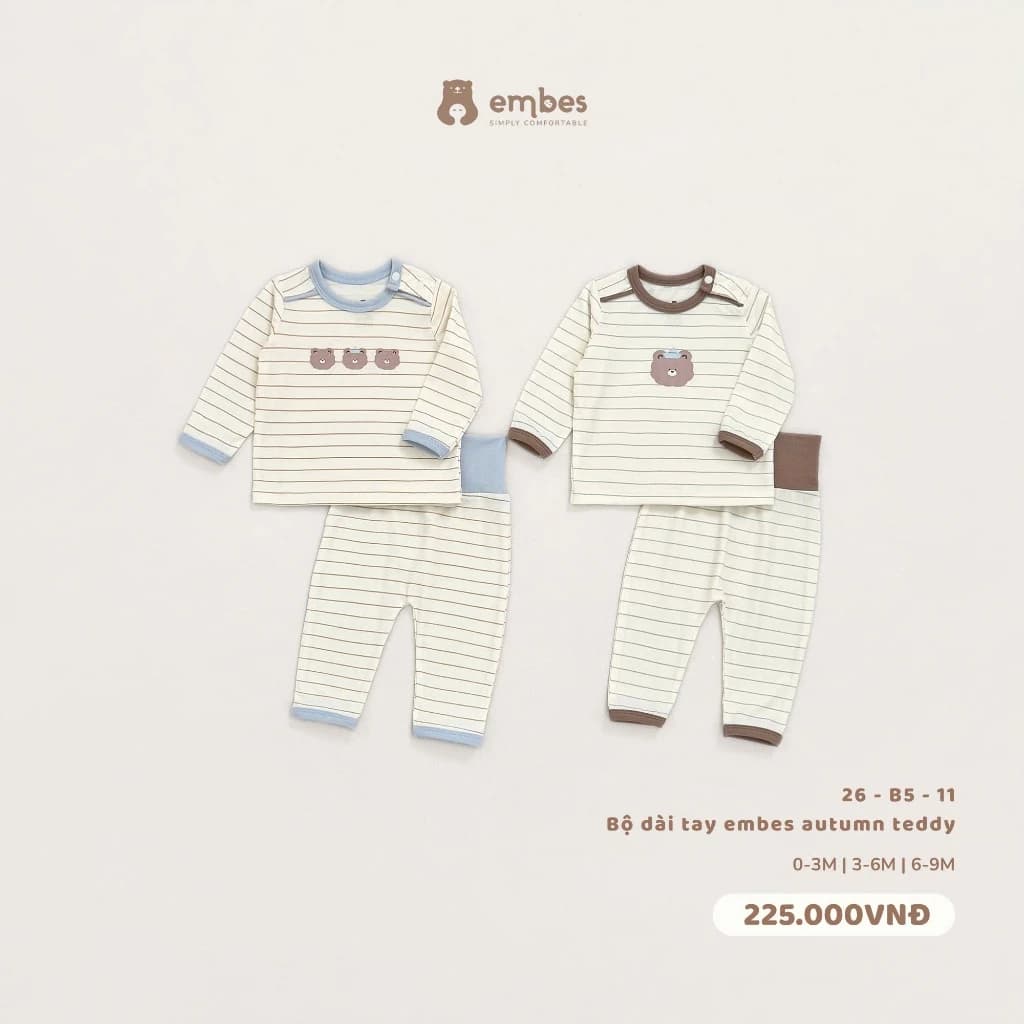 Bộ Sơ Sinh Embes, Bộ Dài Tay Kẻ Ngang Cúc Cài Cổ Chất Viscose Mềm Mại Cho Bé Sơ Sinh Từ 0-9Tháng