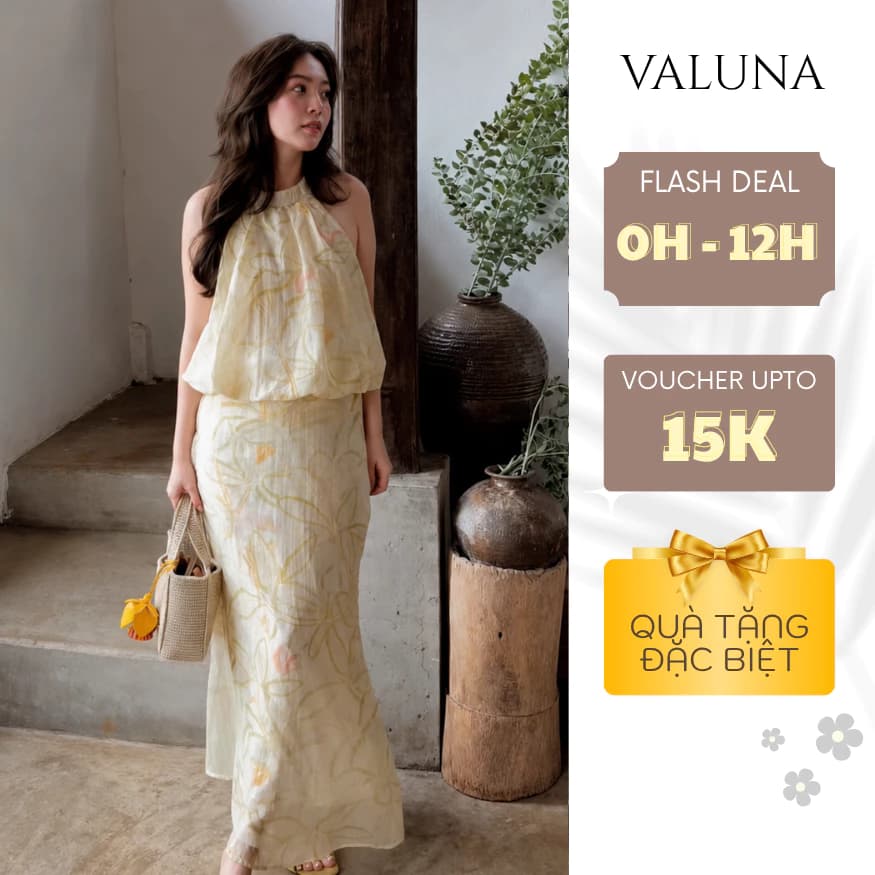 Set váy họa tiết cổ yếm dáng dài nữ tính thanh lịch mặc đi biển du lịch cao cấp VALUNA STORE 2710
