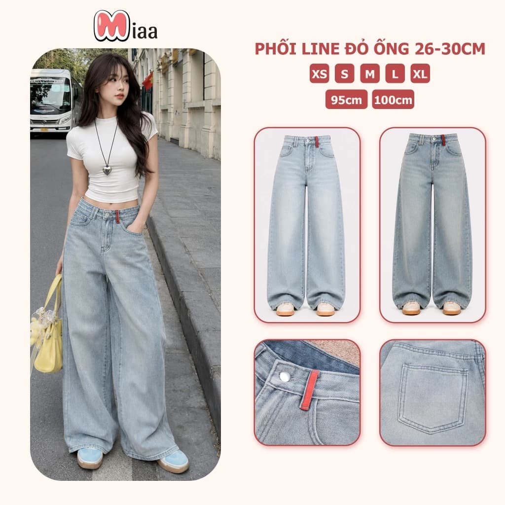 Quần Jean Nữ Ống Suông Rộng 26-30cm MIAA Phối Lai Đỏ Đủ Size XS-XL, Quần bò ống suông nữ có size NẤM LÙN