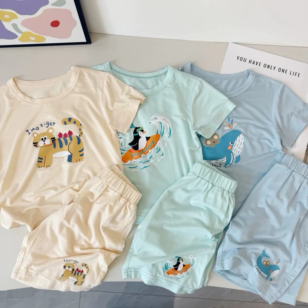 Bộ đồ trẻ em mùa hè cotton mát, áo thun quần short bé trai bé gái hình thú dễ thương, co giãn thoáng mát, sezi 8-23kg