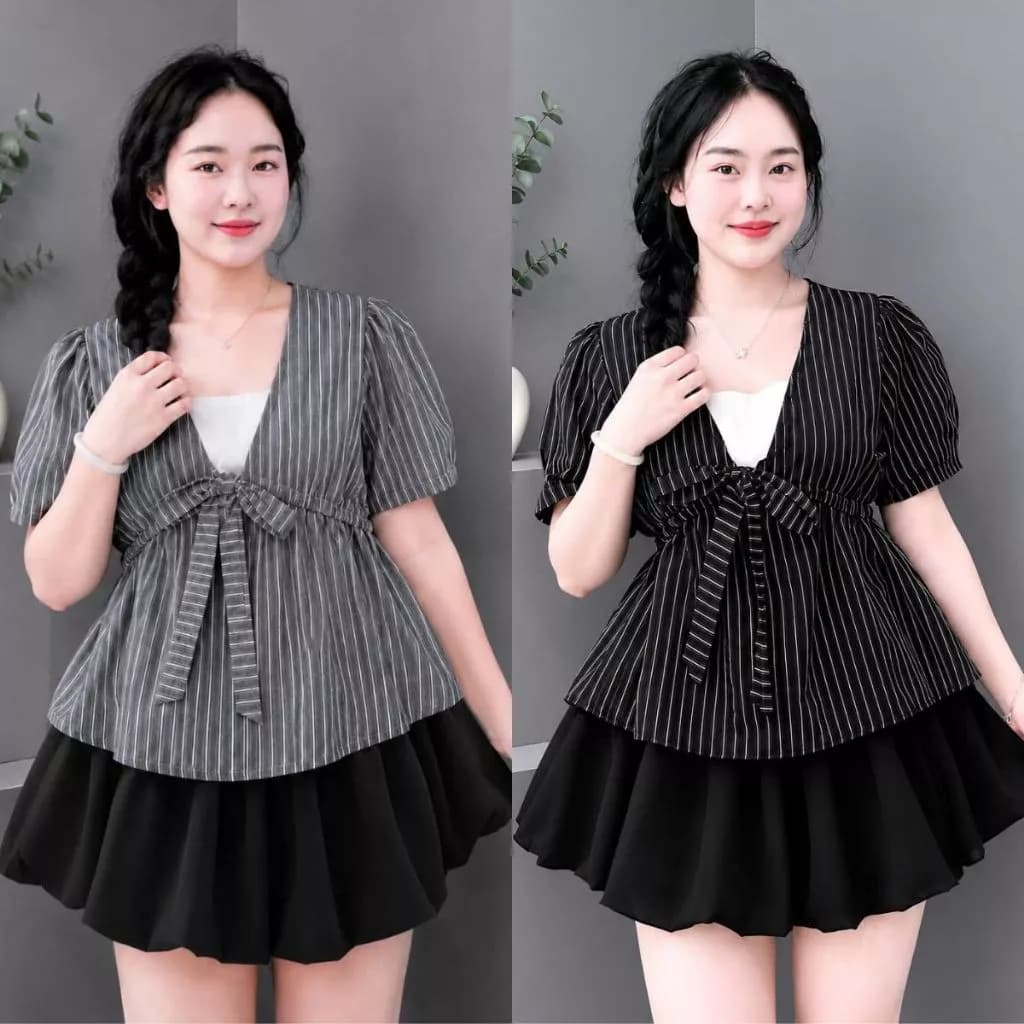 Sét áo kiểu nữ phối cổ có eo tôn dáng, phối chân váy bí ngô có bảo hộ, thích hợp mang quanh năm Bigsize nữ -A360+CV413
