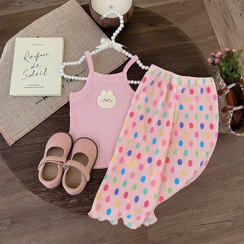 [A55] Bộ đồ áo 2 dây bé gái, set quần dài chấm bi gân tăm mềm mát mặc nhà mùa hè thoải mái xinh cho bé 14 - 42kg