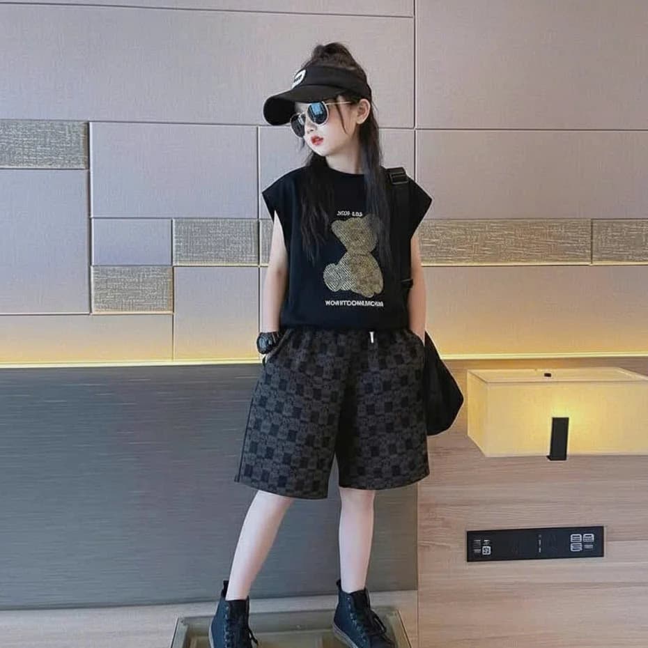 [A56] Bộ 3 lỗ mẫu gấu cho bé, set áo sát nách quần caro su 4 chiều đi học đi chơi mùa hè năng động cho bé 14 - 43kg