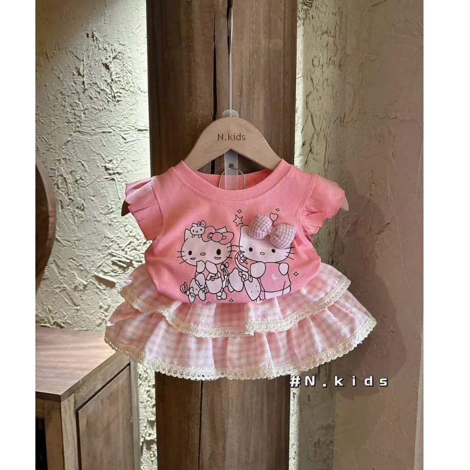 [A58] Bộ ren 2 tầng nhí bé gái, set áo cánh tiên quần short gân tăm phối caro xinh xắn đi chơi hè cho bé 7 - 19kg