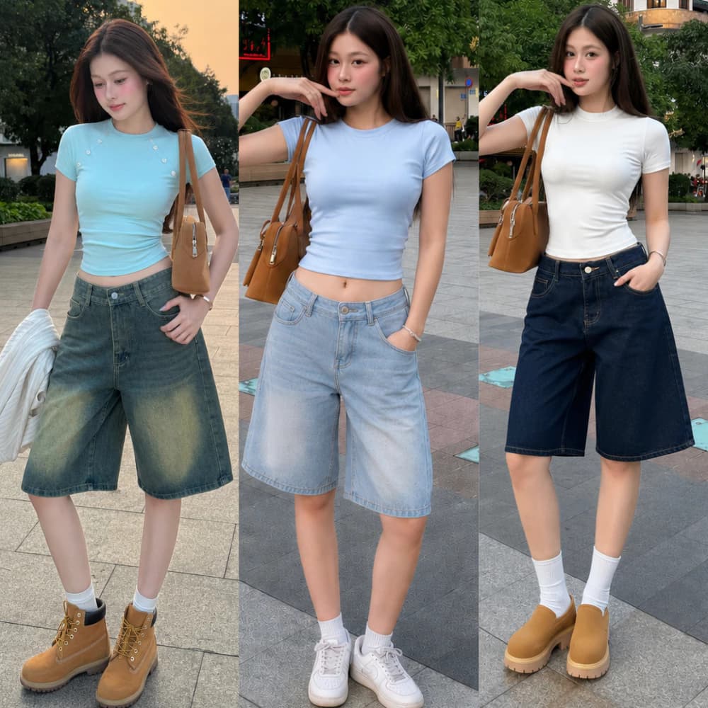 Quần Short Jeans lửng MIAA wash cạp thấp ống rộng form unisex nam nữ, Quần đùi bò nữ đủ size nhiều màu
