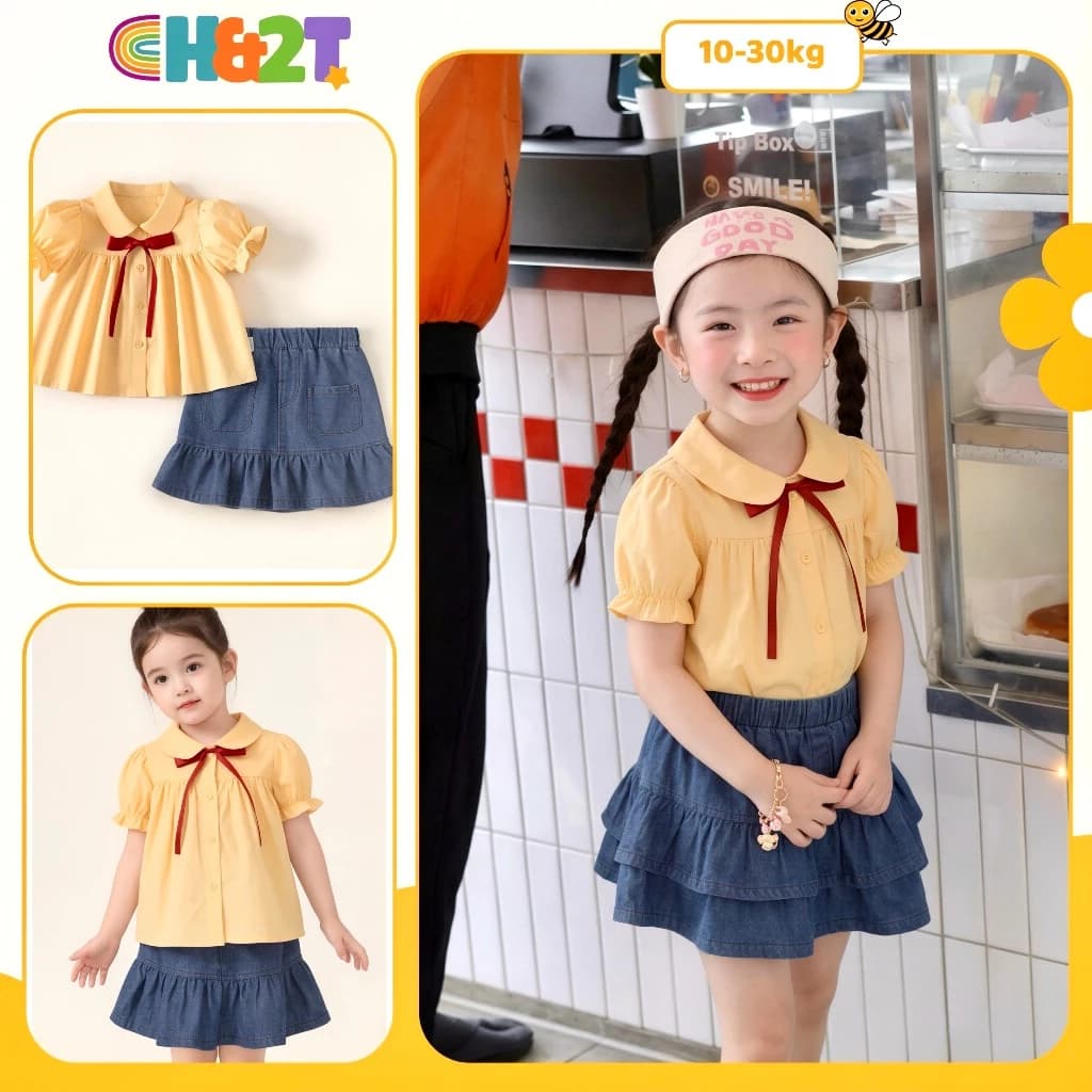 Set áo cổ sen màu vàng thắt nơ đỏ kèm chân váy denim xếp tầng dễ thương, bộ đồng phục học sinh H&2T - S13