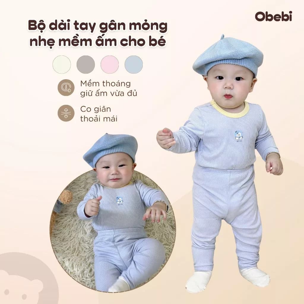 Bộ Dài Tay Thu Đông Vải Gân Tăm Họa Tiết Đáng Yêu Cho Bé Trai Bé Gái Từ 6 - 22kg Obebi BMN242