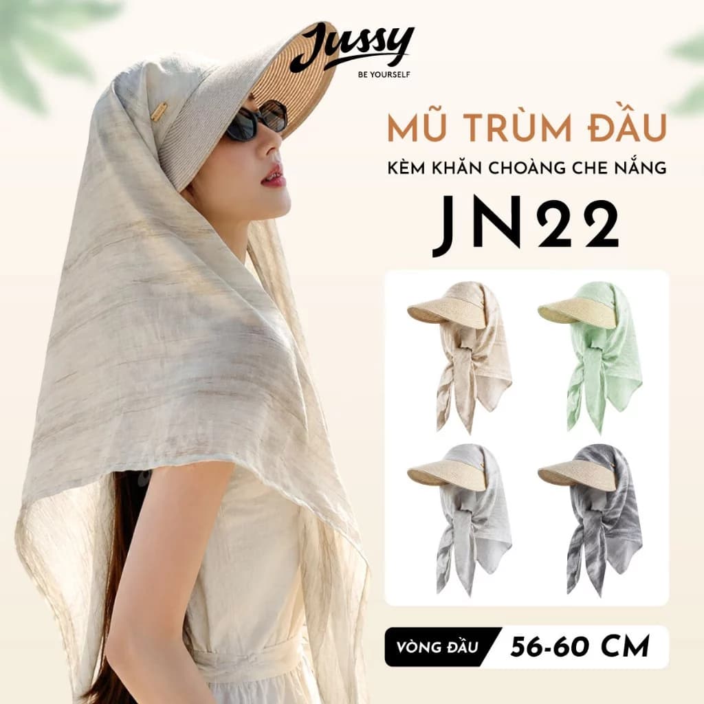 Mũ Trùm Đầu Che Nắng Toàn Diện JN22 Jussy Official Kèm Khăn Choàng Vành Cói Rộng 12cm Thoáng Mát Nhiều Màu Vintage