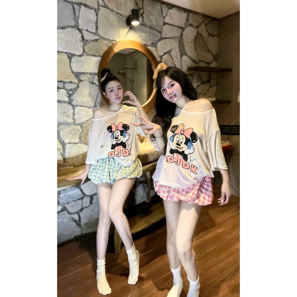 Sét áo giấy micky trễ vai kèm quần kẻ bí sét tiểu thư 2 màu mặc ở nhà cute S80[KÈM ẢNH SÀN]