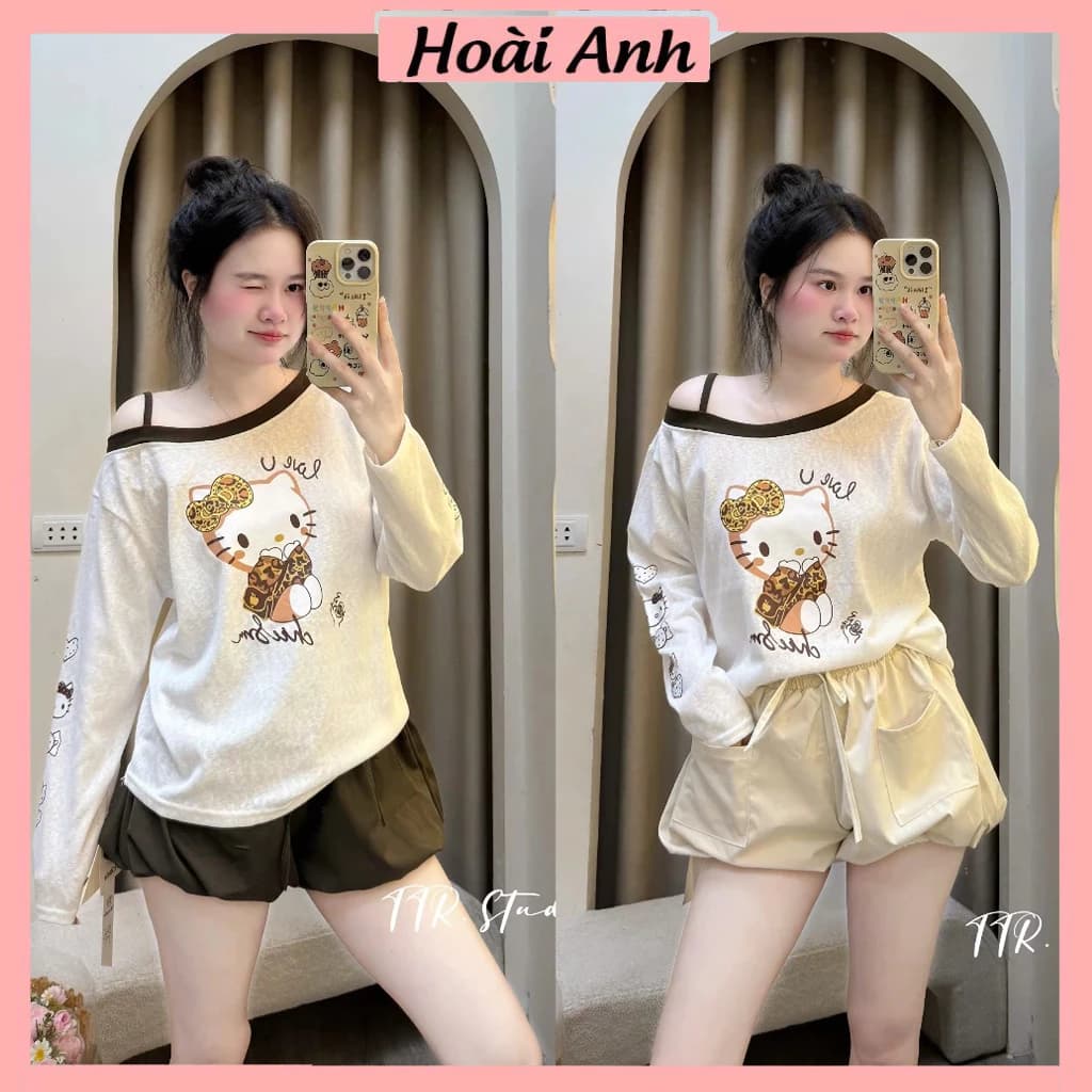 Set Bộ Đồ Nữ Áo Thun Giấy Trắng Lệch Vai Phối Viền Nâu In Mèo Kitty Dài Tay Mix Quần Sooc Đùi Gấu Phồng Bí