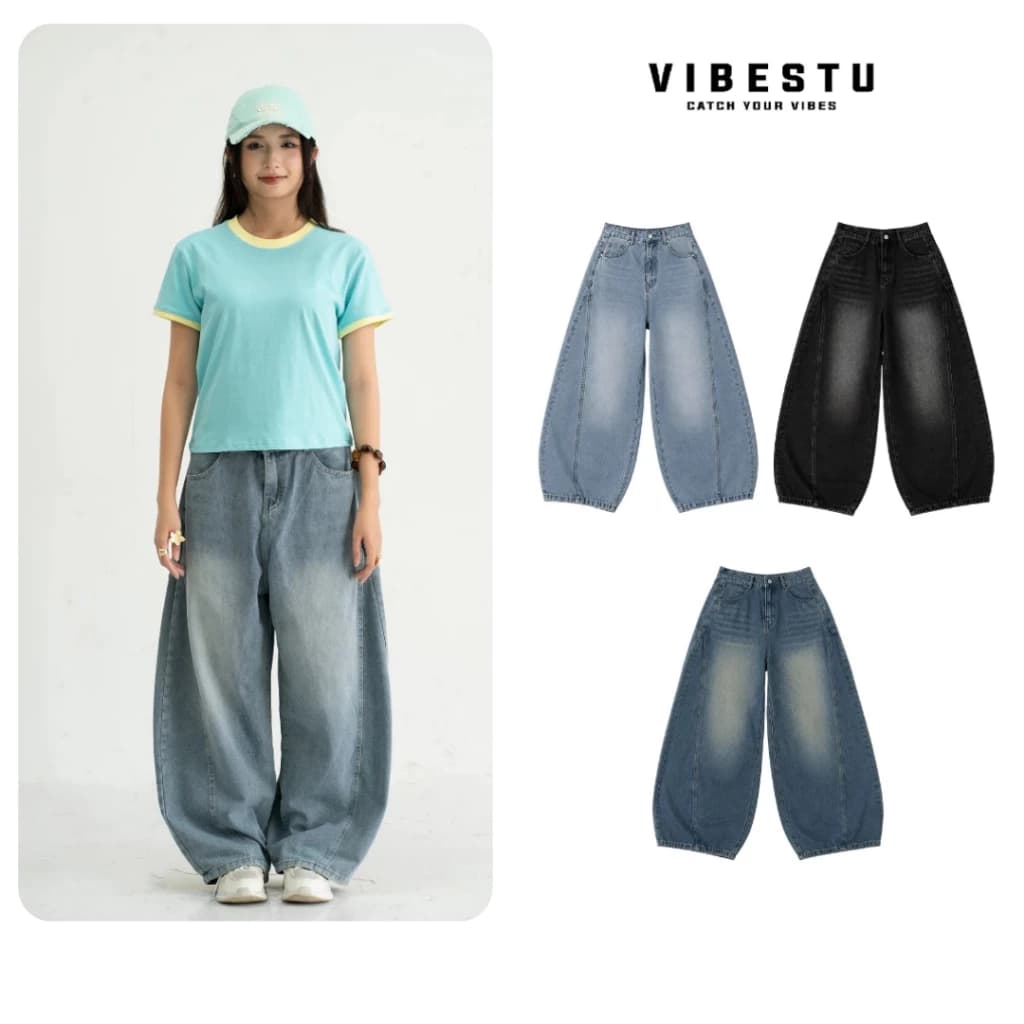 Quần Jean Nữ Ống Cong Retro Vibestu - Form Quần Ống Bí Rộng Nữ