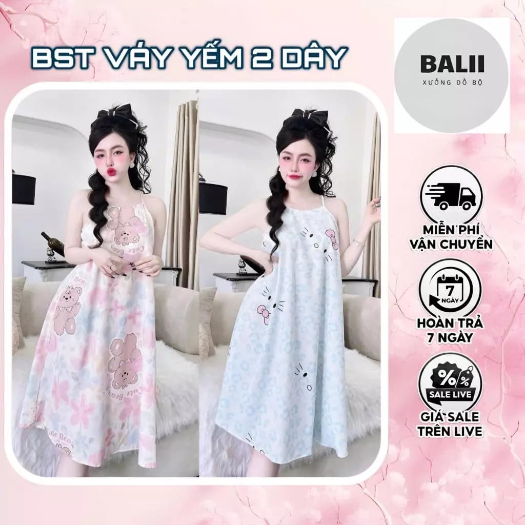 [BST YẾM LỤA 100D- 40-52kg] Váy Yếm Mặc Nhà Chất Lụa Hàn Mềm Mát, Họa Tiết Dễ Thương, Váy Dài Pijama Thoải Mái