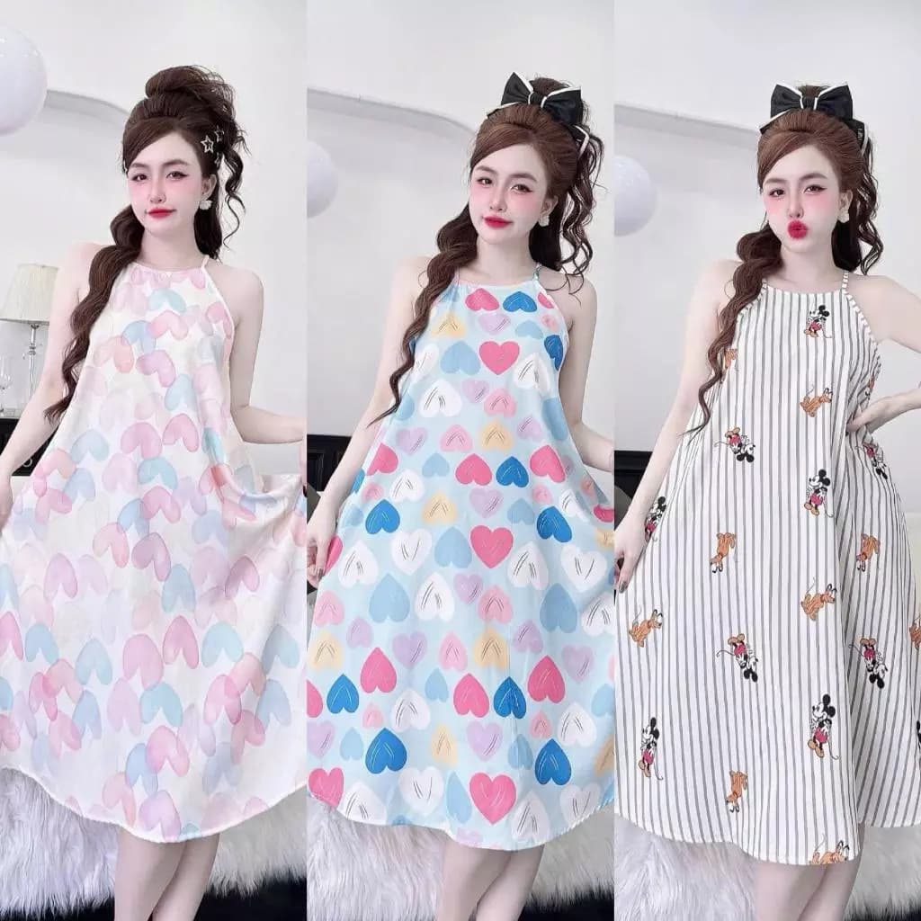 [BST YẾM-  53 - 59Kg] Váy Ngủ Yếm Lụa Hàn 100D - Mặc Nhà Dáng Dài Mềm Mát, Dễ Thương