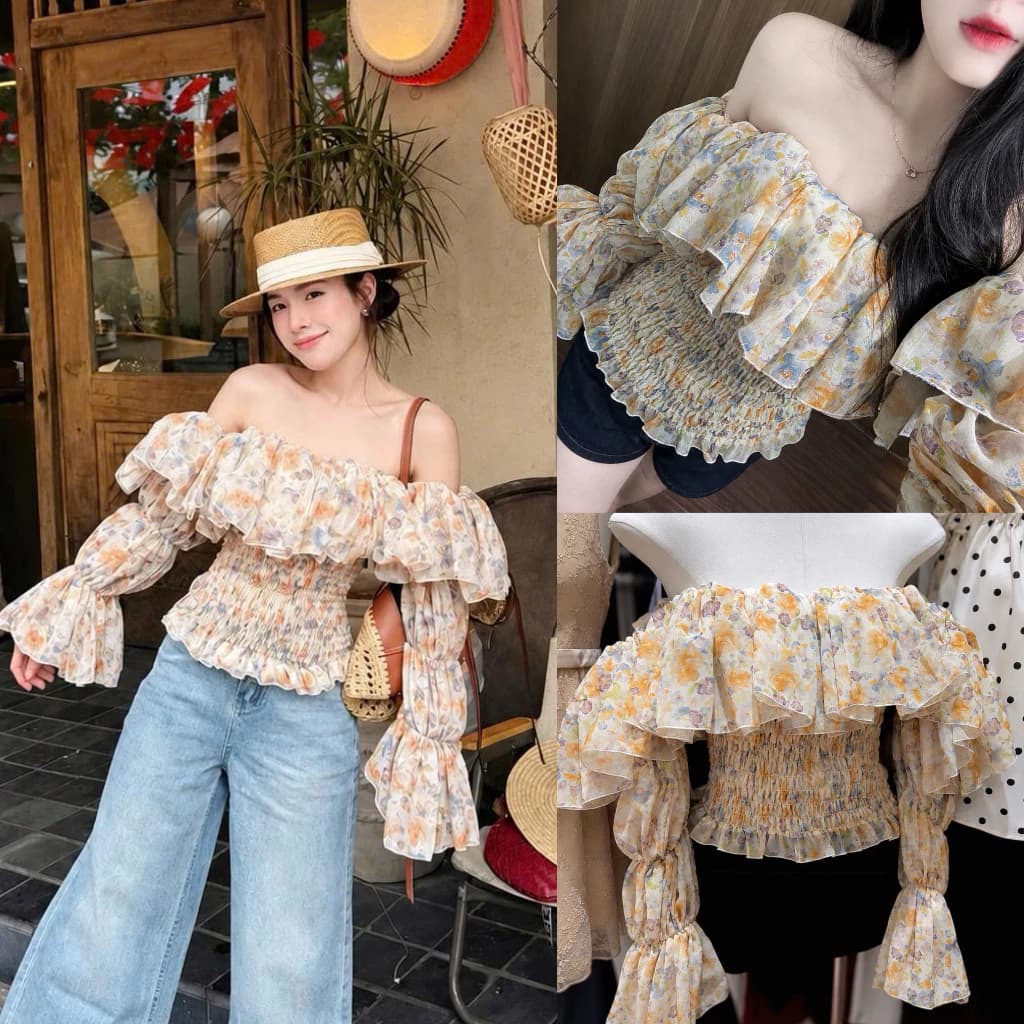 (Sẵn Hàng) Áo trễ vai chất voan hoa dài tay bo chun hàng thiết kế Kimna Top