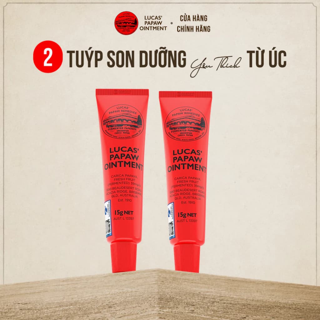 Combo 2 Tuýp Son Dưỡng 15G Đu Đủ Lucas Papaw - Dưỡng Môi Mềm Mịn, Giảm Khô Nứt Môi & Gót Tay Chân