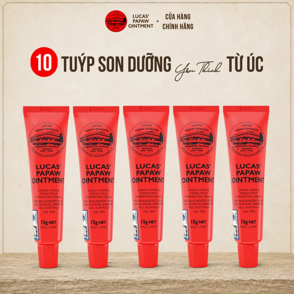 Combo 10 Tuýp Son Dưỡng 15G Đu Đủ Lucas Papaw - Dưỡng Môi Mềm Mịn, Giảm Khô Nứt Môi & Gót Tay Chân