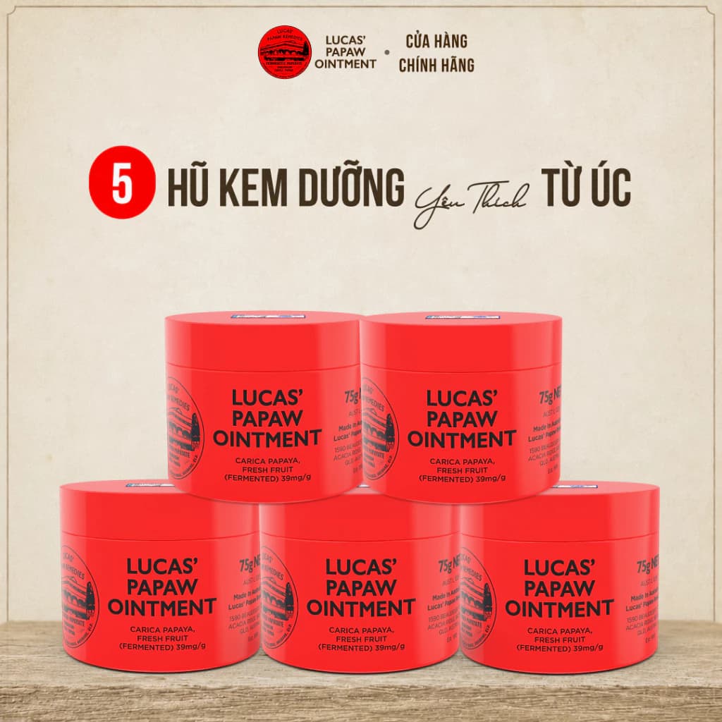 Combo 5 Hũ Kem Dưỡng 75G Đu Đủ Lucas Papaw - Dưỡng Môi Mềm Mịn, Giảm Khô Nứt Môi & Gót Tay Chân
