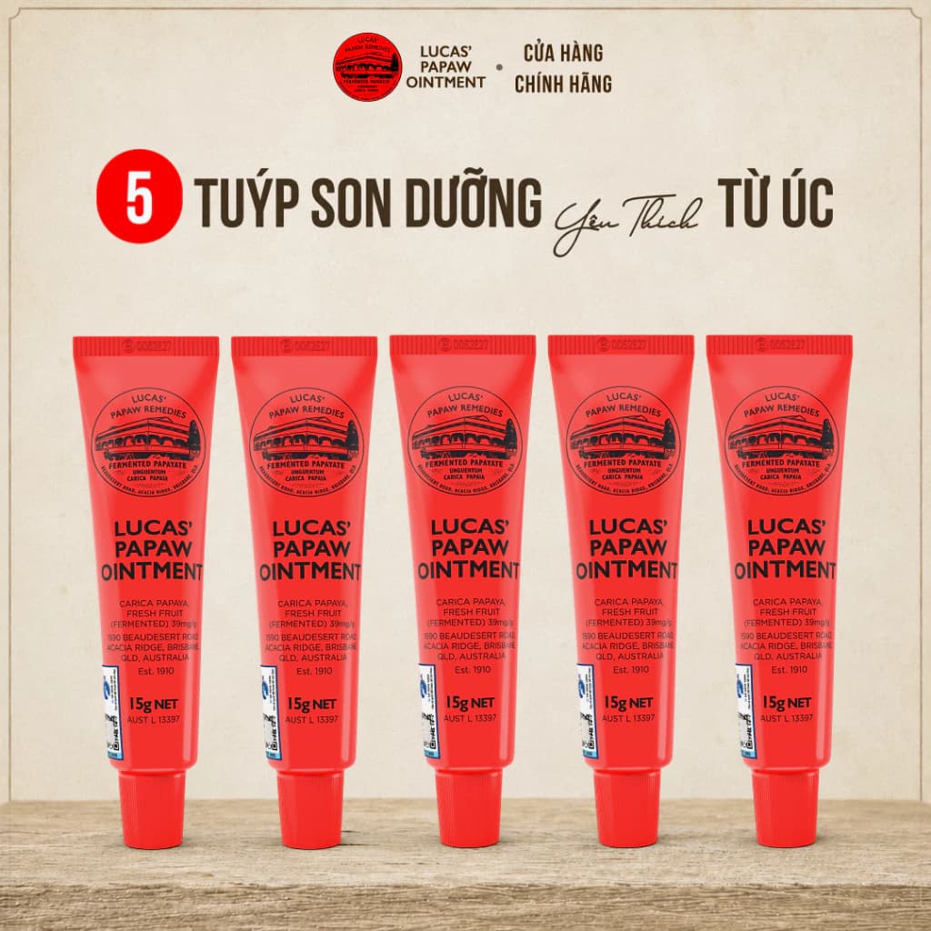Combo 5 Tuýp Son Dưỡng 15G Đu Đủ Lucas Papaw - Dưỡng Môi Mềm Mịn, Giảm Khô Nứt Môi & Gót Tay Chân