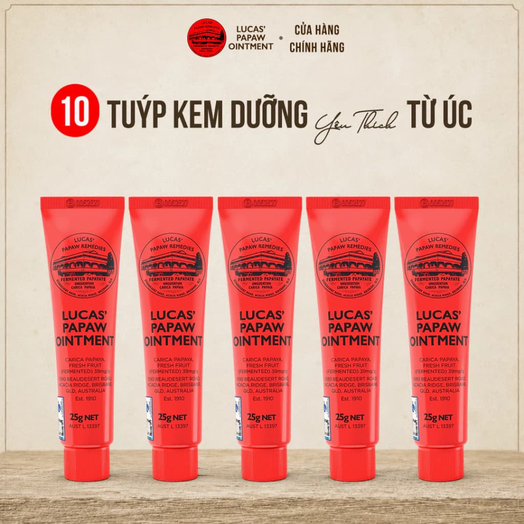 Combo 10 Tuýp Son Dưỡng 25G Đu Đủ Lucas Papaw - Dưỡng Môi Mềm Mịn, Giảm Khô Nứt Môi & Gót Tay Chân