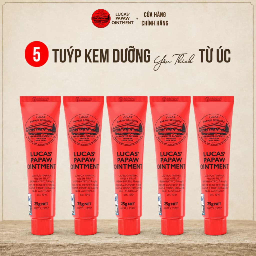 Combo 5 Tuýp Son Dưỡng 25G Đu Đủ Lucas Papaw - Dưỡng Môi Mềm Mịn, Giảm Khô Nứt Môi & Gót Tay Chân
