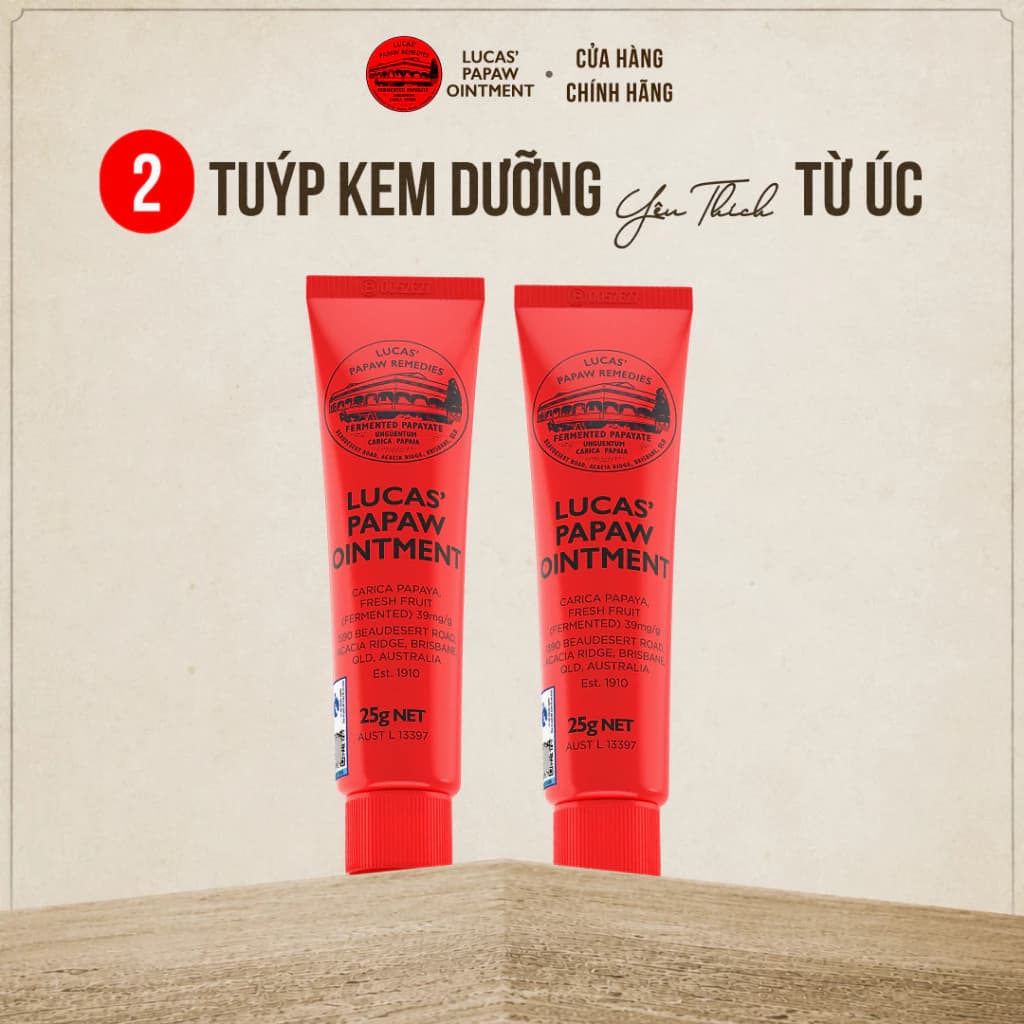 Combo 2 Tuýp Son Dưỡng 25G Đu Đủ Lucas Papaw - Dưỡng Môi Mềm Mịn, Giảm Khô Nứt Môi & Gót Tay Chân
