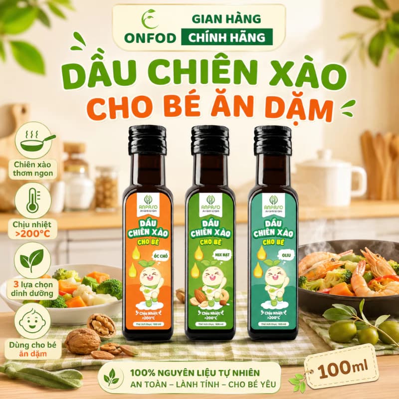Dầu chiên xào cho bé ăn dặm từ 6 tháng tuổi ANPASO ONFOD 100ml vị oliu óc chó mix hạt