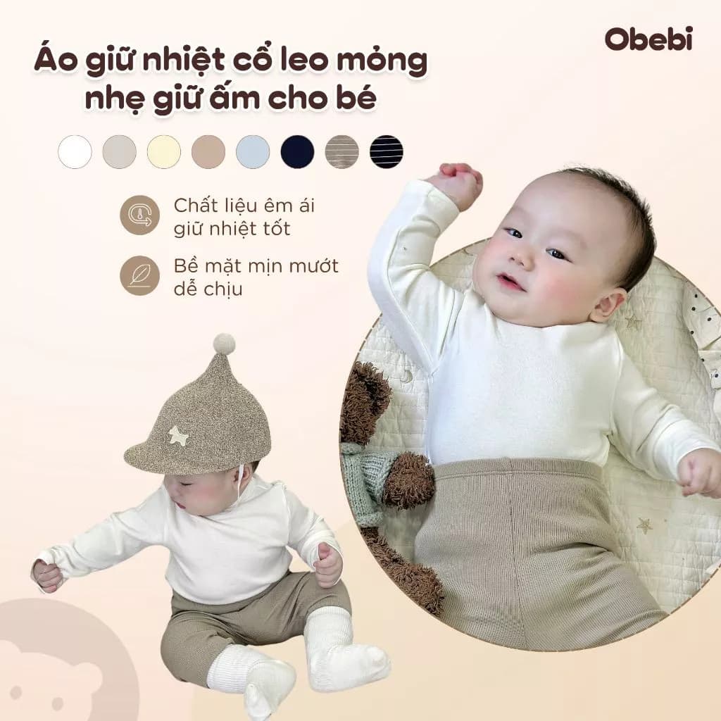 Áo Thun Dài Tay, Áo Thu Đông Mỏng Nhẹ Điều Hòa Cổ Leo Cho Bé Trai Bé Gái từ 6- 22kg Obebi A581