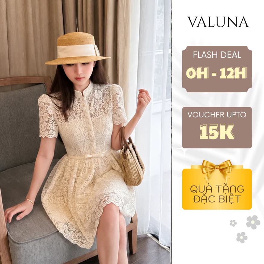 Váy ren hoa nữ cổ trụ tay ngắn dáng xòe tiểu thư thanh lịch dự tiệc dạo phố cao cấp VALUNA STORE 2711