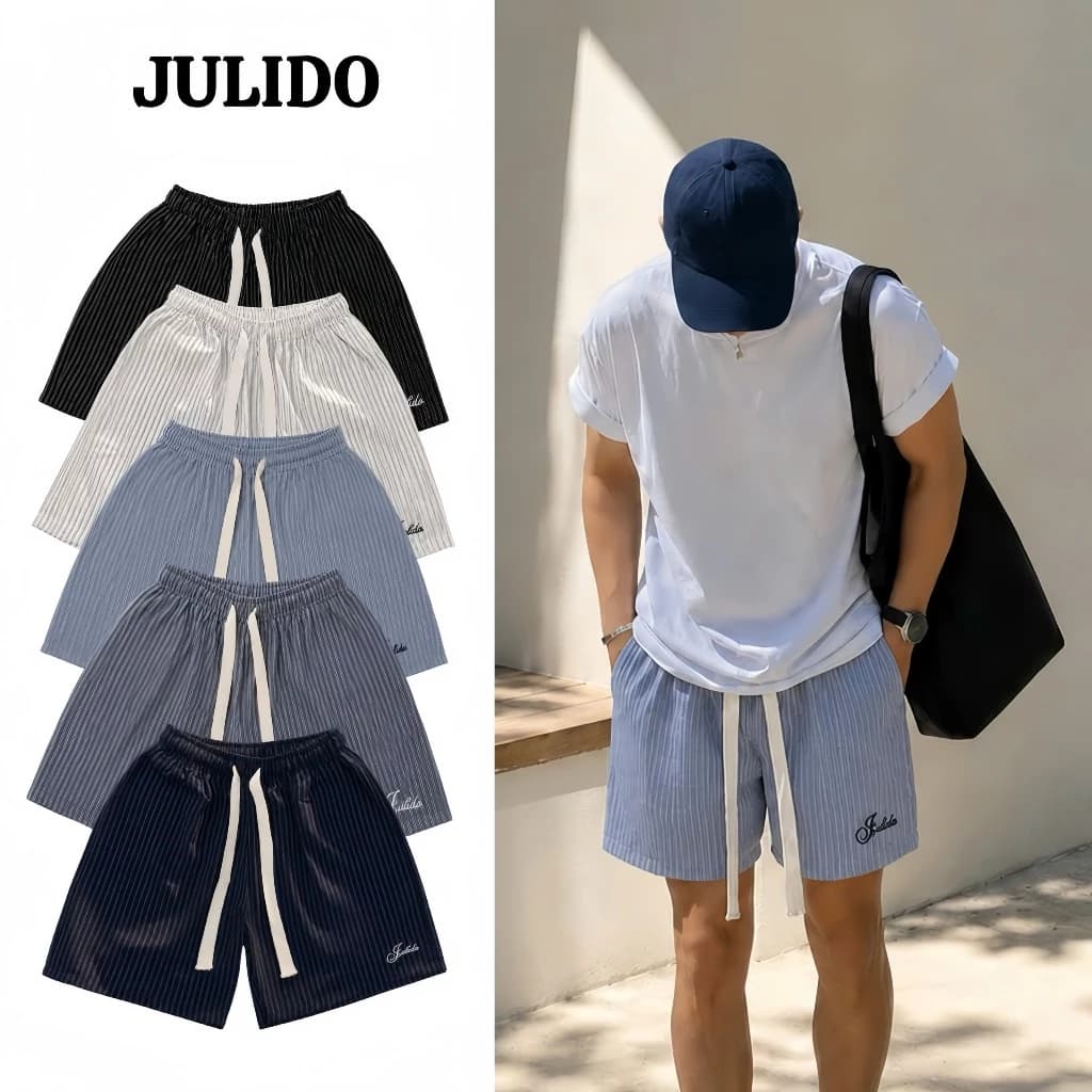 Quần Short Nam Kẻ Sọc Dây Rút Form Trên Gối Thêu Julido Thoáng Mát