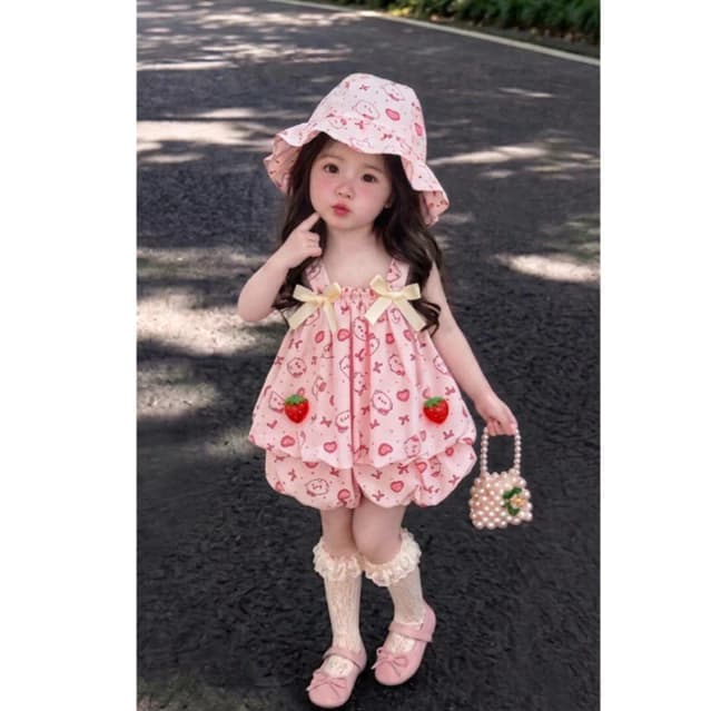 (XẢ KHO)Đồ Bộ bé gái trung thu Đũi Hai Dây quả dâu kèm mũ Bé Gái - Đồ Bộ Chun Vai Đính Nơ Siêu Mềm Mát Cho Bé 10-23kg