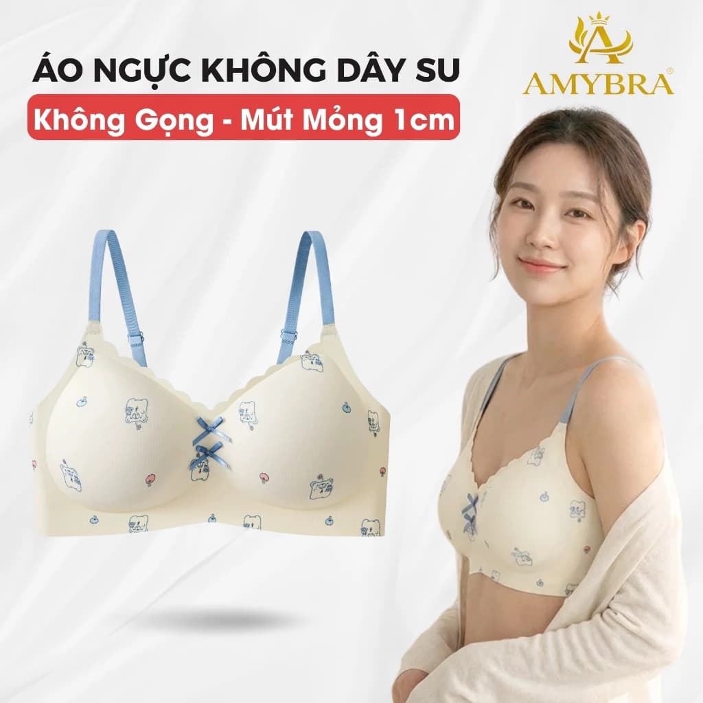 Áo Ngực Nữ Su Mịn Mút Mỏng 1cm Cố Định Không Xô Lệch, Áo Lót  Họa Tiết Ngọt Ngào Mùa Hè AMYBRA A988