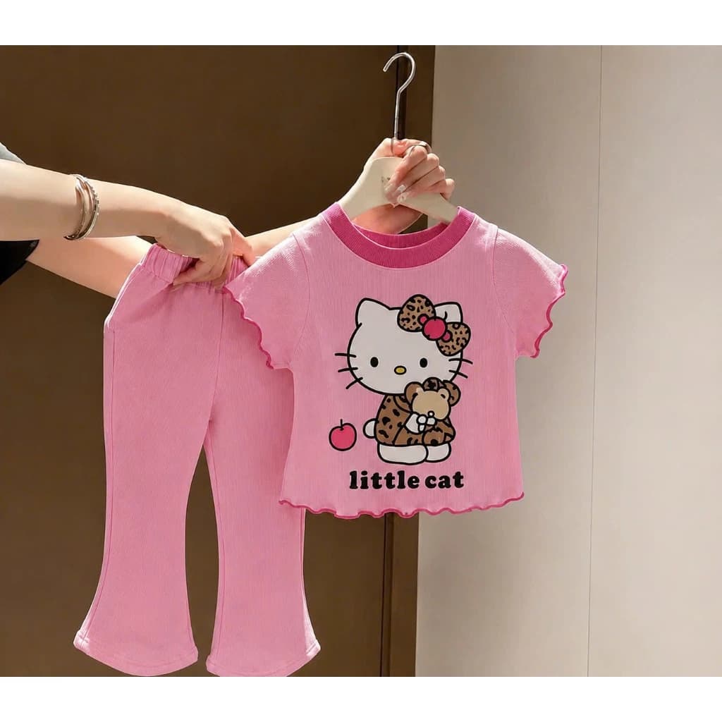 Sét Bộ Mèo Báo Quần Dài Áo Cộc Quần ống Loe Dễ Thương Cho Bé Gái 8-22kg Chất Liệu Tăm Mềm Mịn