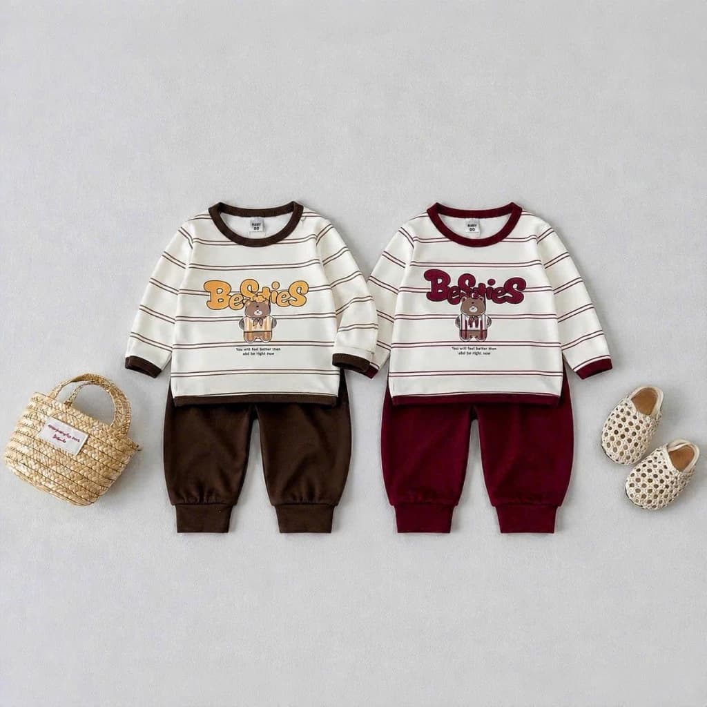 Bộ Dài Tay Phối Kẻ In Hình Gấu Besties Chất Liệu Vải Thun Co Giãn Thoải Mái Phù Hợp Mùa Thu Đông Cho Bé Trai QC 36