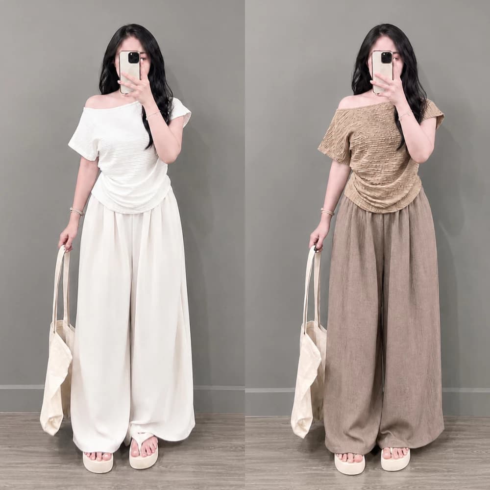 Sét Bộ Nữ Bigsize Áo Thun Trể Vai Phối Quần Dài Ống Rộng Che Khuyết Điểm 50-95kg A267+Q564