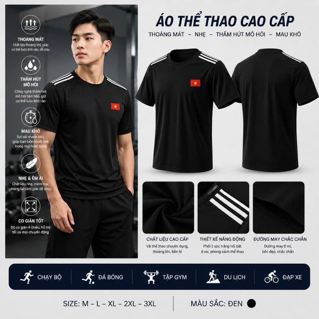 Áo Thun Nam thể thao Cộc Tay  Co Dãn Bốn Chiều ba sọc in cờ