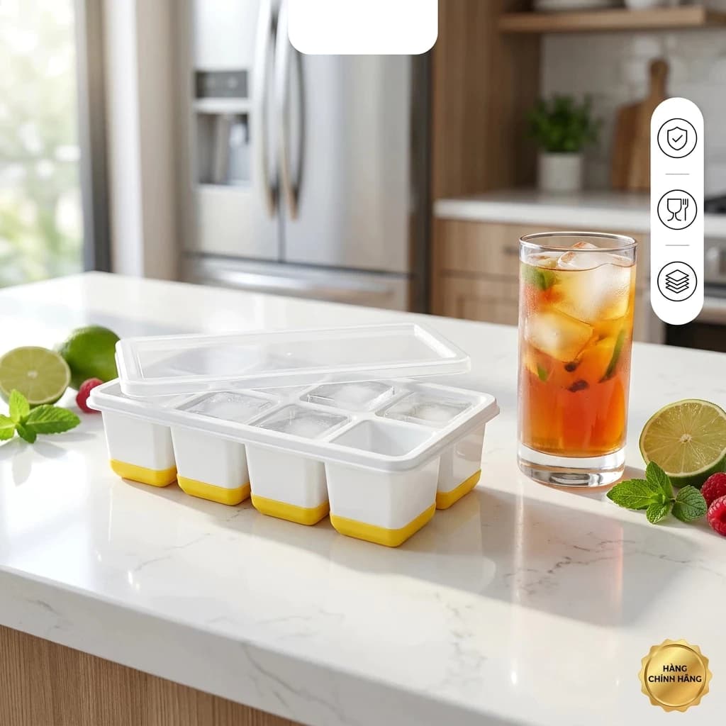Khay làm đá nhựa - đáy silicon loại 8 ô to và 14 ô nhỏ, có nắp đậy kháng khuẩn chống mùi tủ lạnh