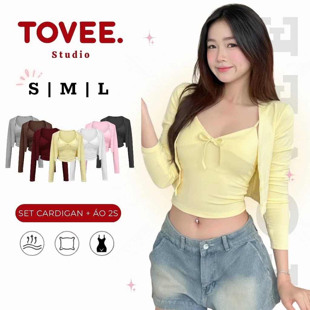 SET CARDIGAN DÁNG NGẮN Kèm Áo Hai Dây Chất Borip Lụa SET12, Set Nữ Trơn Thắt Nơ Ôm Body TOVEE