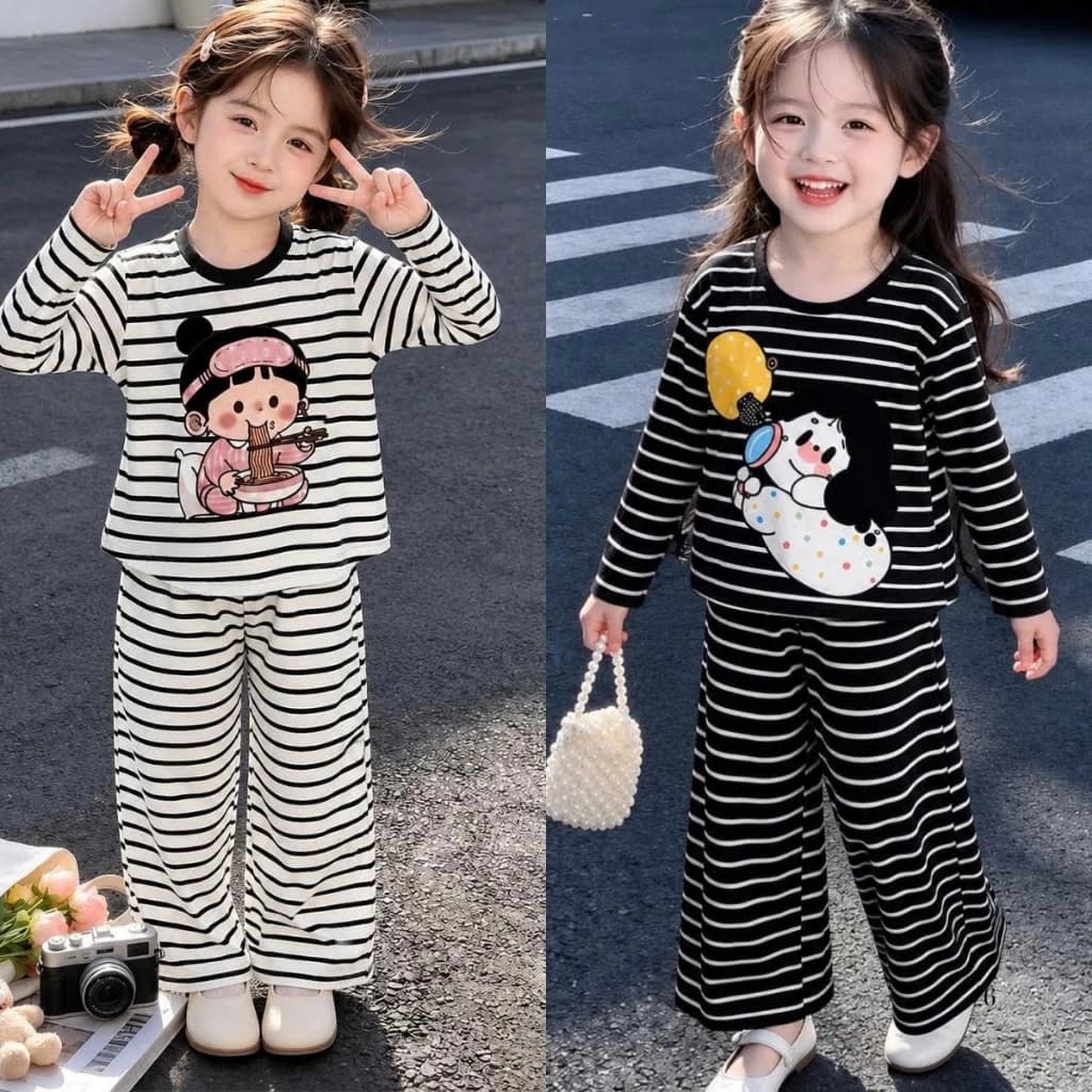 [15-44kg] Bộ quần áo thu đông dài tay kẻ sọc in nhân vật dễ thương dành cho bé gái chất vải thun cotton mềm mại mã LEMON