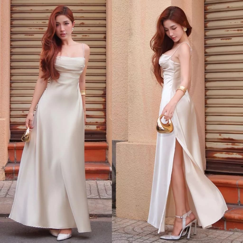 Váy Lụa Hai Dây Có Tà Xẻ Đùi Khoe Dáng - NV638 Váy Lụa Nhẹ Nhàng Sang Chảnh Nữ Women Dress Nhung Đen