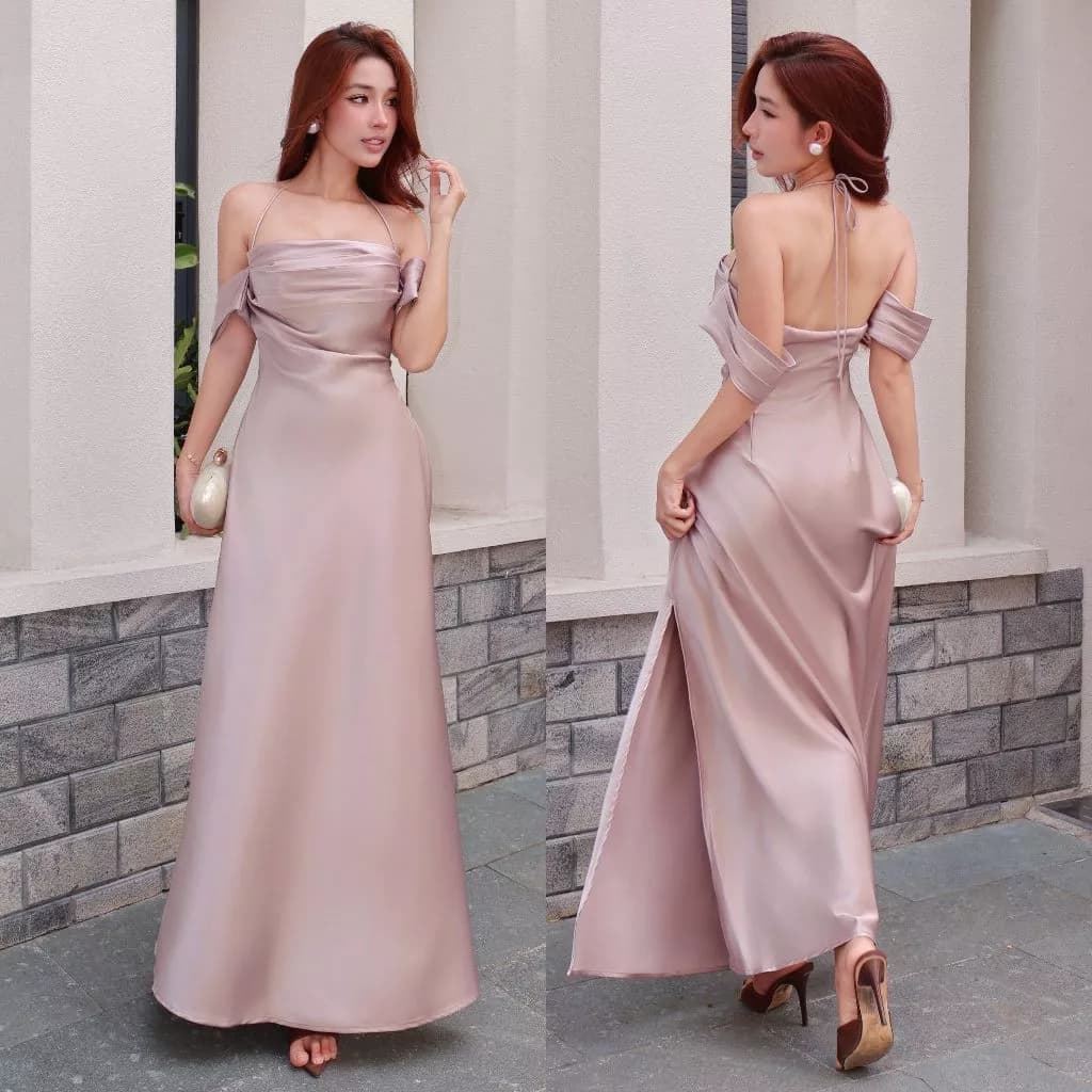 Đầm Lụa Dự Tiệc Dáng Dài Trễ Vai Xếp Li - NV636 Váy Lụa Cột Dây Mềm Mịn Nữ Women Dress Tre Đen
