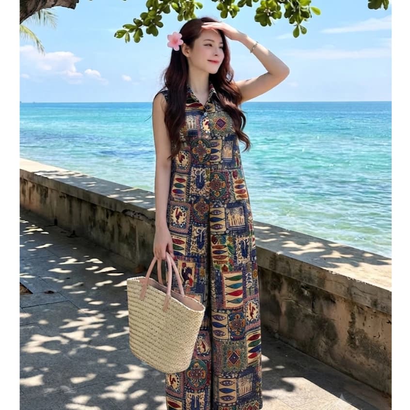 Set Bộ Nữ H7 Áo Cộc Quần Dài Họa Tiết Vintage - Bộ Đồ Chất Lụa Hàn Mát Mẻ, Sang Trọng Đi Chơi, Du Lịch