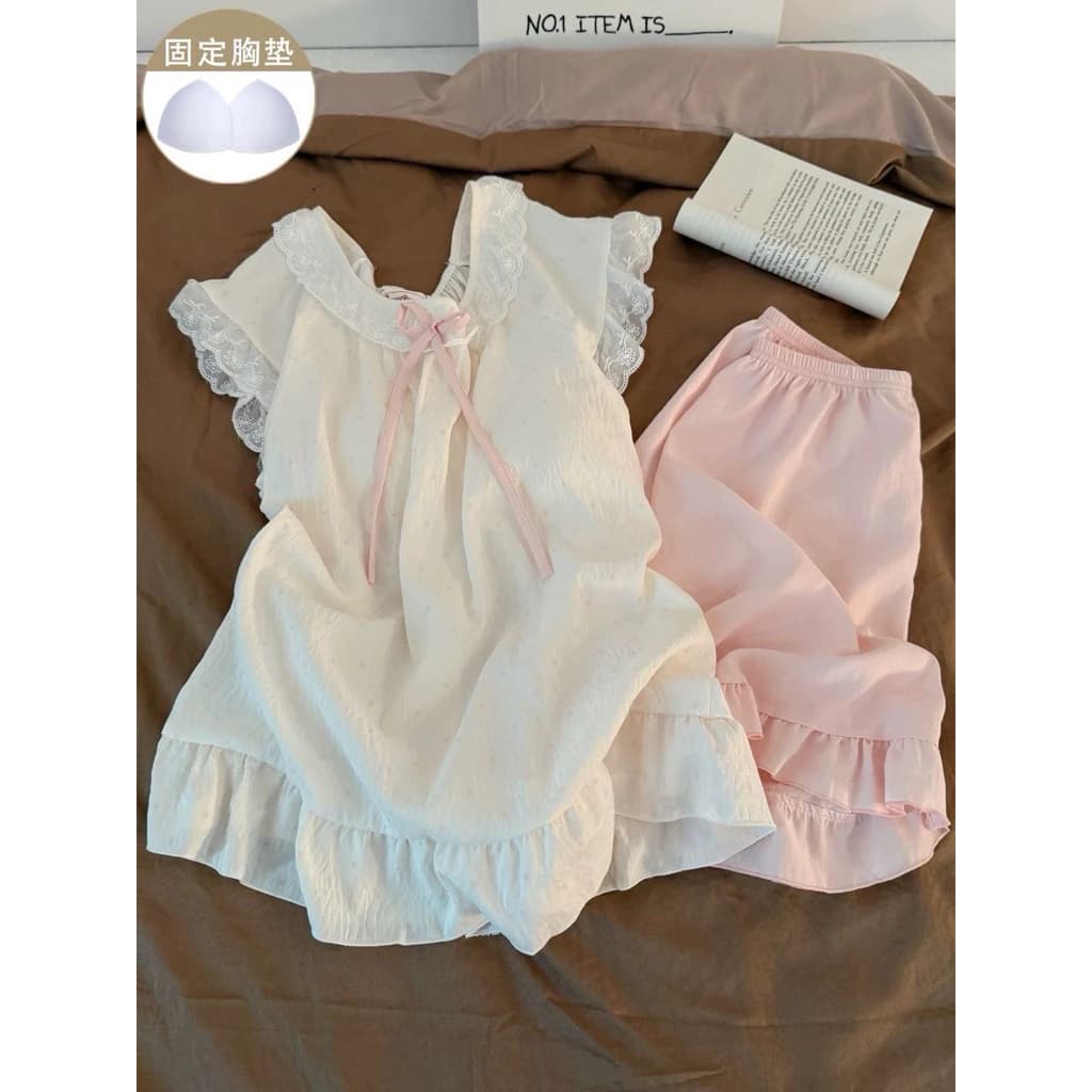 𝐘𝐮𝐫𝐢.𝐬𝐭𝐨𝐫𝐞 Bộ Ngủ Tay Bèo Hồng Nơ Đáng Yêu