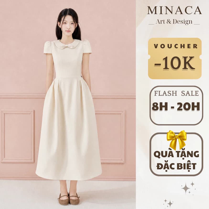 Váy dài nữ cổ sen đính nơ tay phồng dáng xòe thanh lịch phong cách Hàn Quốc cao cấp VALUNA STORE 2717