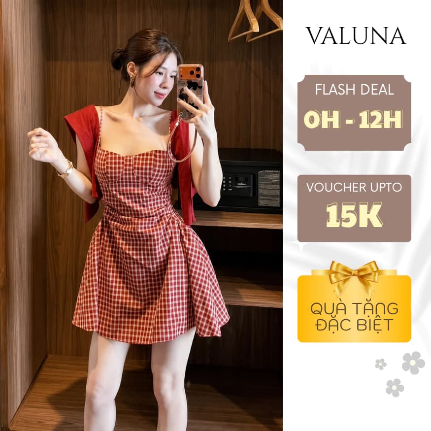 Váy caro hai dây dáng xòe ôm eo nữ phong cách Hàn Quốc phối cardigan trẻ trung VALUNA STORE 2718