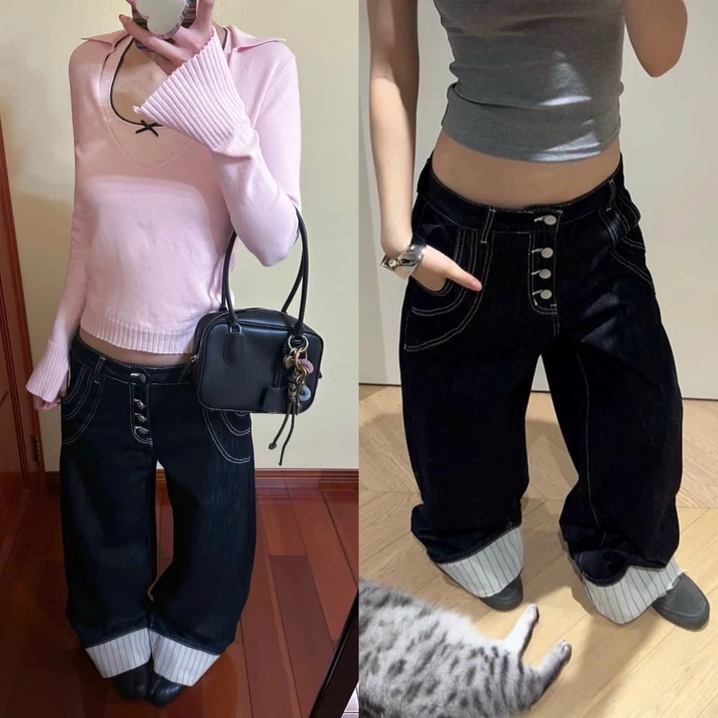 Quần jean dáng rộng to unisex layer gấu kẻ sọc kết hợp nhiều khuy cá tính - Titkik